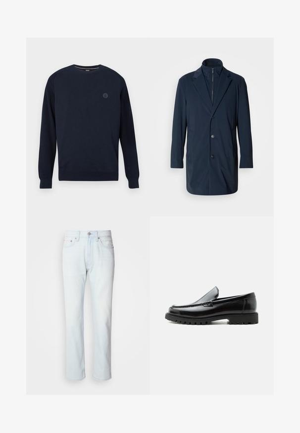 Marineblauer langer Mantel aus glattem Stoff, mit einem Reverskragen, vorderen Knöpfen und Taschen an den Seiten; modernes, maßgeschneidertes Design.; Marineblaues Rundhals-Pullover aus Strickstoff mit gerippten Ärmelbündchen und Saum. Ein rundes Logo befindet sich auf der Brust.; Hellblaue Jeans mit geradem Bein. Verfügt über einen Knopfverschluss und Gürtelschlaufen, präsentiert eine ausgebleichte Textur und minimale Nähte.; Schwarzer Lederloafer mit grober Gummisohle, genähter Oberseite und geprägtem Markennamen an der Ferse, seitlich auf weißem Hintergrund gezeigt.
