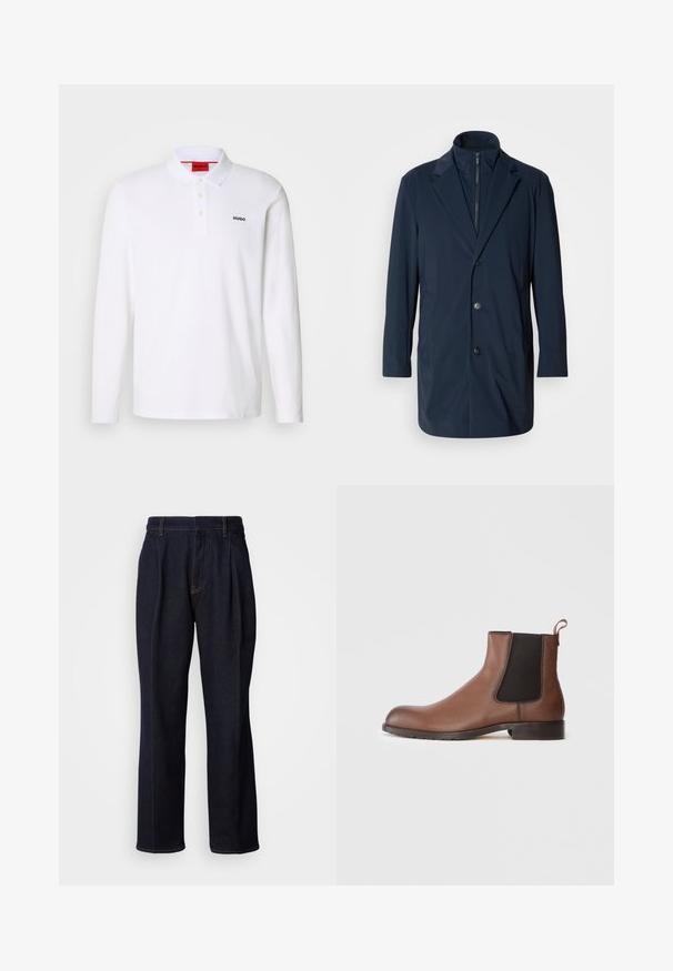 Abrigo largo azul marino hecho de tejido suave, con cuello de muesca, botones frontales y bolsillos laterales; diseño moderno y a medida.; Camisa polo blanca de manga larga hecha de algodón con cuello, tapeta de tres botones y el logo negro "HUGO" en el lado izquierdo del pecho.; Jeans de mezclilla de pierna ancha en un tono azul oscuro, con pliegues frontales y costuras naranjas, presentados sobre fondo blanco.; Botín Chelsea de cuero marrón con un acabado texturizado, paneles laterales elásticos y una lengüeta. Presenta una suela de goma para proporcionar tracción.