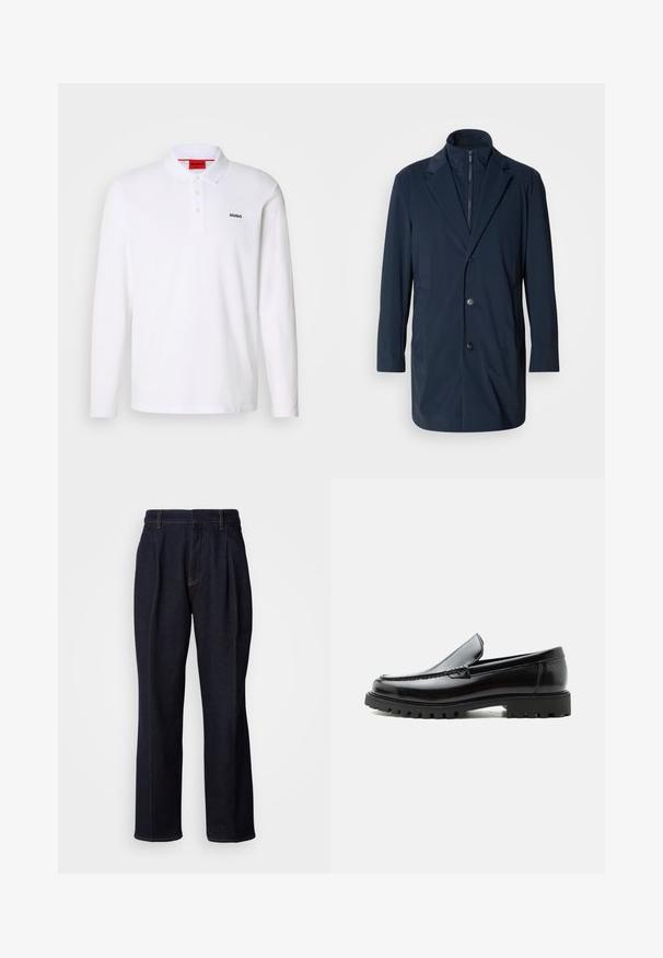 Marineblauwe lange jas van gladde stof, met een geknipte kraag, knopen aan de voorkant en zijzakken; modern, op maat gemaakt ontwerp.; Witte lange mouwen polo-shirt gemaakt van katoen, met een kraag, een drie-knops sluiting en een zwart "HUGO" logo op de linkerborst.; Donkerblauwe denim jeans met wijde pijpen, inclusief voorplooien en oranje stiksels, weergegeven op een witte achtergrond.; Zwarte leren loafer met dikke rubberen zool, gestikte bovenkant en gegraveerde merknaam op de hiel, zijaanzicht op witte achtergrond.