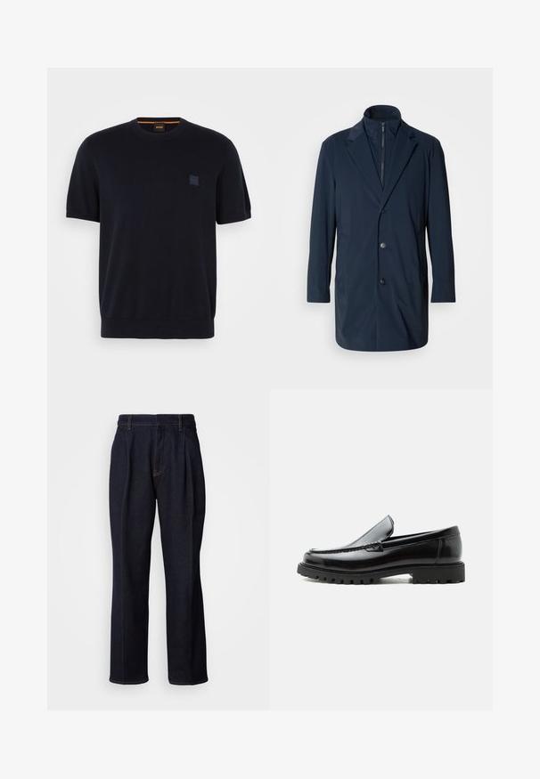 Laivaston pitkä takki, joka on valmistettu sileästä kankaasta, jossa on lovelliset kaulukset, etunapit ja sivutaskut; moderni, räätälöity muotoilu.; Navy blue lyhythihainen neulepaita, jossa on pyöreä pääntie, ribbaudet hihansuissa ja helmassa. Rinnassa pieni kohokuvioitu logotarra.; Tummansiniset leveät farkut etupitseillä ja oranssilla ompelulla, esitetty valkoista taustaa vasten.; Mustat nahkaiset loafersit, joissa paksu kumipohja, ommeltu yläosa ja kohokuvioitu tuotemerkin nimi kannassa, esitetty sivuprofiilissa valkoisella taustalla.