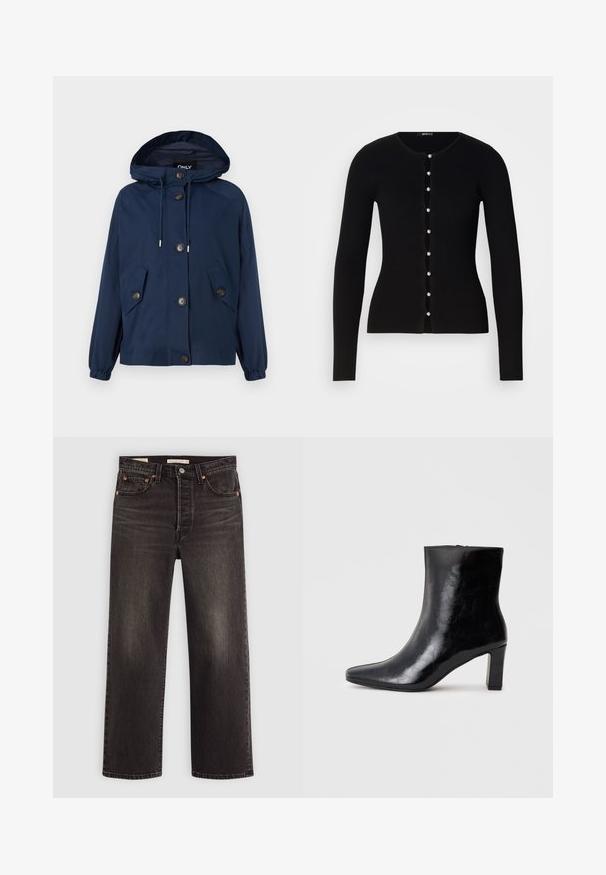 Marineblaue Jacke mit Kapuze, elastischen Bündchen und zwei Vordertaschen. Mit Knopfverschluss und Kordelzug an der Kapuze. Glatte Textur.; Schwarze gerippte Strickjacke mit langenÄrmeln, runden Halsausschnitt und durchgehender Knopfleiste, die perlenartige Knöpfe entlang einer wellenförmigen Naht aufweist.; Schwarze Jeans aus Denim mit geradem Bein. Verfügt über kupferne Nieten und Taschen. Glatte Textur und leicht verwaschene Optik.; Schwarze Knöchelstiefel aus glänzendem Leder mit spitzem Zustand und mittelhohem Blockabsatz, mit glatter Textur und einfachem Design.