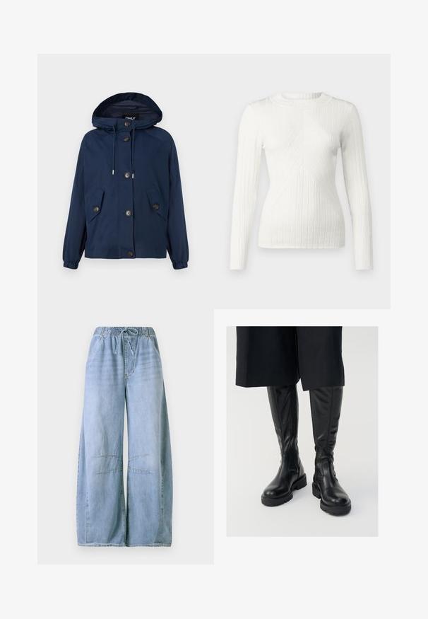 Marineblaue Jacke mit Kapuze, elastischen Bündchen und zwei Vordertaschen. Mit Knopfverschluss und Kordelzug an der Kapuze. Glatte Textur.; JDY JDYKATE - Strickpullover - cloud dancer; Hellblaue Jeans mit weitem Bein, elastischem Taillenbund und Kordelzug, ausgestattet mit Fronttaschen und Kreuzstichdetails an den Knien.; Schwarze kniehohe Stiefel aus Leder mit glatter Textur, stabilen Sohlen und seitlichen Reißverschlüssen. Das Design weist dezente Nahtdetails auf.