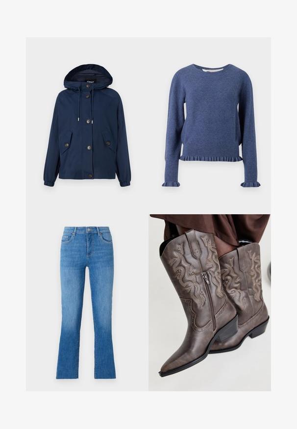 Marineblaue Jacke mit Kapuze, elastischen Bündchen und zwei Vordertaschen. Mit Knopfverschluss und Kordelzug an der Kapuze. Glatte Textur.; Blauer Strickpullover mit Rautenmuster, geripptem Saum und Rüschenausschlägen. Rundhalsausschnitt und lockere Passform.; Blaue Jeans aus Denim mit ausgestelltem Bein, featuring eine mittlere Taille, fünf Taschen und einem klassischen silbernen Knopfverschluss. Glatte Textur.; Braune Leder-Cowboystiefel mit einer spitzen Zehenpartie, Seitenreißverschluss und einem strukturierten Schlangendesign in Beige, mit dekorativen Nieten entlang der Kanten.