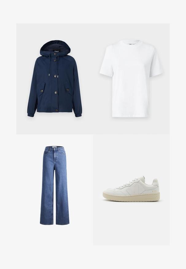 Mørkeblå jakke med hætte, elastiske manchetter og to frontlommer. Har knaplukning og snoretræk i hætten. Glat tekstur.; Hvid bomulds T-shirt med rund hals, kortærmet og en glat tekstur. Designet med en afslappet pasform for komfort og alsidighed.; Lyseblå denim brede bukser med høj talje, to frontlommer og synlige stikninger. Har en knap- og lynlåslukning.; Hvide lædersneakers med perforeret tåboks, kontrasterende beige gummisål og logoer på siden og hælen. Minimalistisk design.