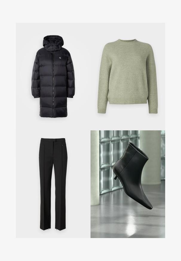 Abrigo de plumas negro con capucha, que presenta un cierre de cremallera, puños elásticos y un logotipo en el pecho. Textura suave y diseño hasta la rodilla.; DRYKORN PEMIRI - Jersey de punto - green; Pantalones negros con un diseño ajustado, que presentan un frente plano, bolsillos con cremallera y un corte de pierna recta. Fabricados con una tela suave.; Botín negro de cuero con punta puntiaguda y tacón bajo estilo kitten, mostrado en ángulo sobre un suelo pulido y con una pared de bloques de vidrio de fondo.