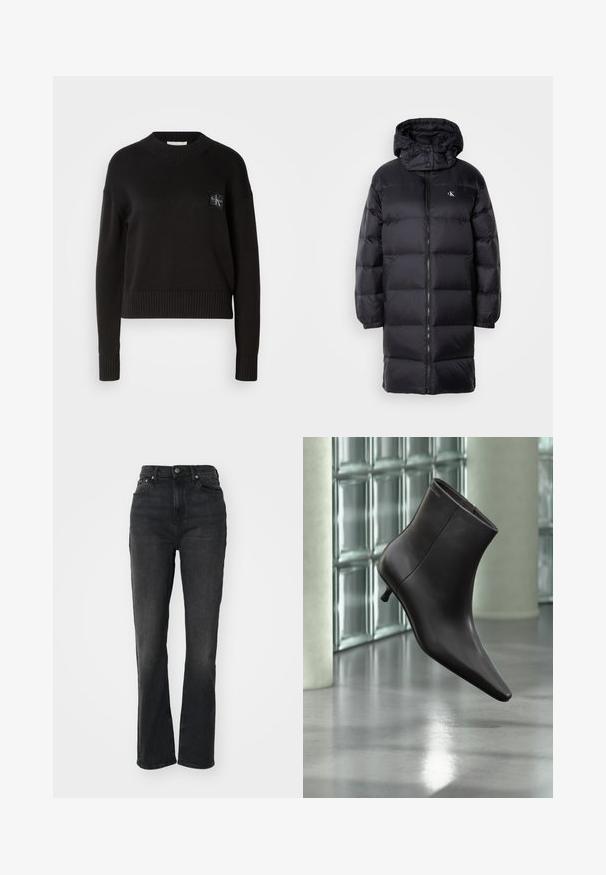 Sort pufferjakke med hætte, der har lynlås lukning, elastiske manchetter og et logo på brystet. Blød tekstur og knælangt design.; Sort strikket sweater med rund hals, ribbede manchetter og kant. Har et lille firkantet logo-patch på venstre bryst. Casual fit.; Højtaljede sorte denim jeans med lige ben, fem-lomme design, frontlukning med knap og minimal syning.; Sort læderankelstøvle med spids tå og lille hæl vist mod en væg af glasblokke og poleret gulv baggrund.