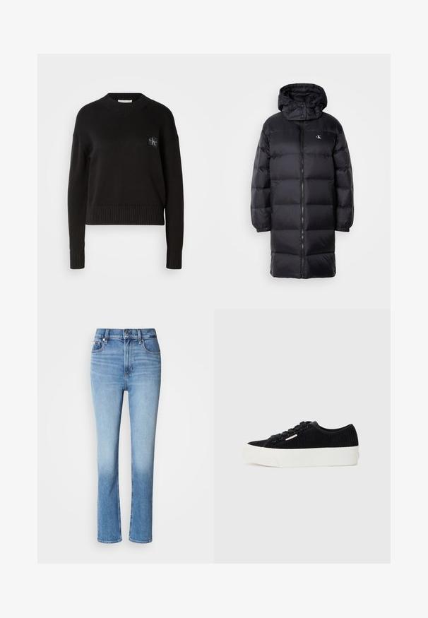 Sort pufferjakke med hætte, der har lynlås lukning, elastiske manchetter og et logo på brystet. Blød tekstur og knælangt design.; Sort strikket sweater med rund hals, ribbede manchetter og kant. Har et lille firkantet logo-patch på venstre bryst. Casual fit.; Blå denimjeans med høj talje, lige ben-design, falmede farvegradient og fem-lomme stil. Metalknap- og lynlås-lukning.; Sorte kordfløjl sneakers med en hvid gummisål. Har rund tå, snørebånd foran og en minimal logo detalje på siden.