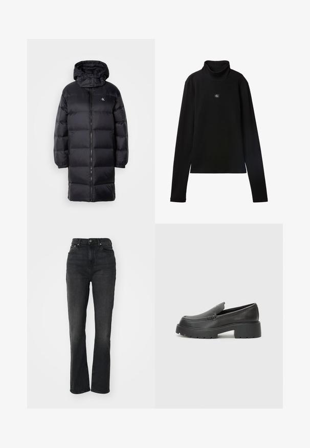 Sort pufferjakke med hætte, der har lynlås lukning, elastiske manchetter og et logo på brystet. Blød tekstur og knælangt design.; Sort ribstrikket bluse med lange ærmer og lille firkantet Calvin Klein-logo placeret centralt på brystet.; Højtaljede sorte denim jeans med lige ben, fem-lomme design, frontlukning med knap og minimal syning.; Sorte læder loafers med rund tå, tyk tekstureret sål og minimale syninger. Elegant design uden synlige snørebånd eller hardware.