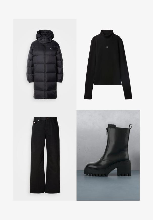 Sort pufferjakke med hætte, der har lynlås lukning, elastiske manchetter og et logo på brystet. Blød tekstur og knælangt design.; Sort ribstrikket bluse med lange ærmer og lille firkantet Calvin Klein-logo placeret centralt på brystet.; Sorte breddebenede jeans lavet af bomuld. Har forlommer, en knaplukning og en klassisk denimtekstur. Minimalistisk design uden mønstre.; Sorte læder ankelstøvler med kraftig sål, blokhæl, lynlås i siden og trækflap bagpå på en ensfarvet hvid baggrund.