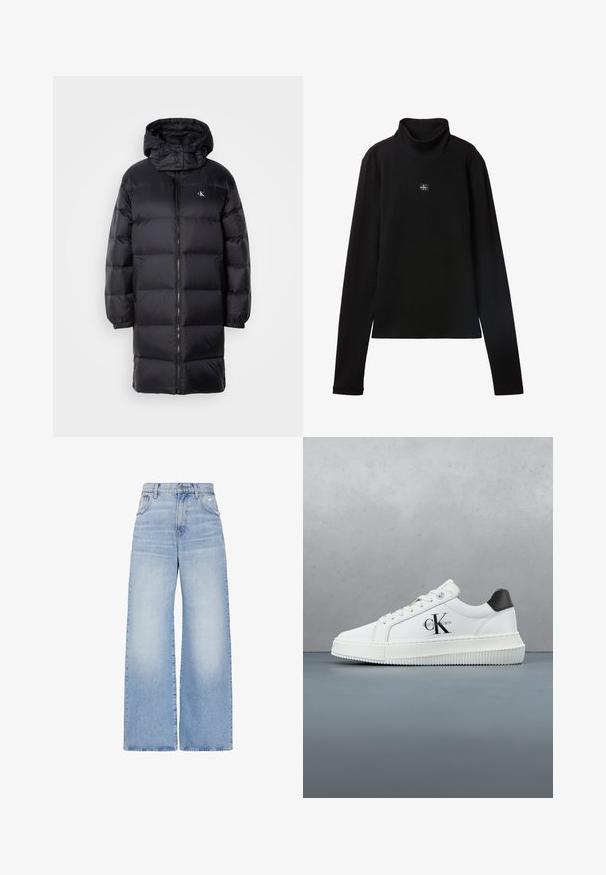Sort pufferjakke med hætte, der har lynlås lukning, elastiske manchetter og et logo på brystet. Blød tekstur og knælangt design.; Sort ribstrikket bluse med lange ærmer og lille firkantet Calvin Klein-logo placeret centralt på brystet.; Lyseblå højtaljede jeans med vidde i benene, lukkes foran med knapper og lynlås, for- og baglommer samt en let slidt detalje på højre lomme.; Hvide lavtoppede sneakers med sort hælkænke, platformssål, snørebånd og Calvin Klein "CK" logo på siden.