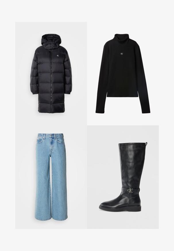 Zwarte gewatteerde jas met een capuchon, voorzien van een ritssluiting, elastische manchetten en een logo op de borst. Zachte textuur en knie-lange ontwerp.; Zwarte geribde coltrui met lange mouwen en een klein vierkant Calvin Klein-logo midden op de borst.; Lichtblauwe wijde jeans van denim, met een hoge taille, vijf pockets en subtiele vervaging langs de stof.; Zwarte leren kniehoog laars met lage hak, ronde neus en een metalen "CK" logo gesp rond de enkel.
