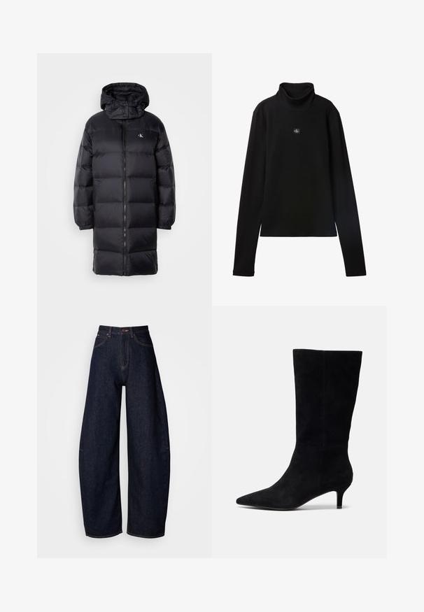 Sort pufferjakke med hætte, der har lynlås lukning, elastiske manchetter og et logo på brystet. Blød tekstur og knælangt design.; Sort ribstrikket bluse med lange ærmer og lille firkantet Calvin Klein-logo placeret centralt på brystet.; Mørkeblå brede jeans i denim, med høj talje, lige pasform, fem lomme-design og kontrastsyninger.; Sorte ruskindsankelstøvler med spids tå, slank hæl og glat tekstur, der har en tætsiddende silhuet og ingen synlig hardware.