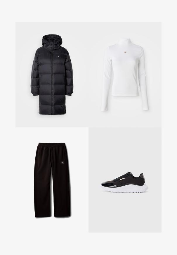 Must must coat kapuutsiga, millel on lukuga sulgemine, elastsed mansetid ja rinnal logo. Pehme tekstuur ja põlveni ulatuv disain.; Pikkade varrukatega valge kõrge kaelusega topp, mis on valmistatud ribakudumist. Keskel on väike tikitud logo. Sobivate lõikega, ilma mustriteta.; Mustad laiade säärega püksid elastse vöökohaga ja küljetaskutega, millel on väike Calvin Kleini logoga plaastriga paremal reiel.; Mustad sportlikud kingad, millel on sile sünteetiline pealis, valge paks talla, tekstuuriga aktsendid ja mustad kingapaelad. Minimalistlik disain, logosid ei ole nähtaval.