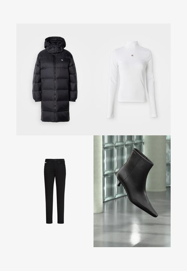 Must must coat kapuutsiga, millel on lukuga sulgemine, elastsed mansetid ja rinnal logo. Pehme tekstuur ja põlveni ulatuv disain.; Pikkade varrukatega valge kõrge kaelusega topp, mis on valmistatud ribakudumist. Keskel on väike tikitud logo. Sobivate lõikega, ilma mustriteta.; Mustad kitsad teksapüksid ees nupuga ja tõmblukuga, esikülje ja tagakülje taskud ning väike silt paremal esimesel taskul.; Mustast nahast pahkluu saabas terava varbaotsaga ja väikese kontsaga, esitletud klaasplokkidest seina ja poleeritud põranda taustal.