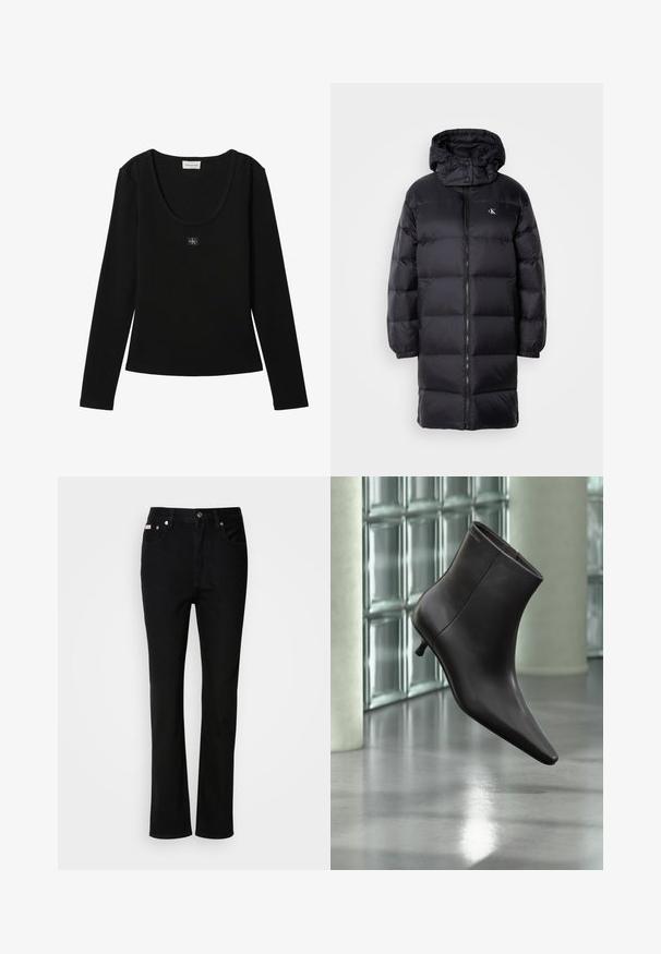 Abrigo de plumas negro con capucha, que presenta un cierre de cremallera, puños elásticos y un logotipo en el pecho. Textura suave y diseño hasta la rodilla.; Top negro de manga larga acanalado con escote redondo y pequeño parche con el logo de Calvin Klein centrado en el pecho.; Vaqueros negros de pierna recta con botón y cremallera en la parte delantera, pasadores para cinturón y estilo de cinco bolsillos.; Bota de cuero negro para el tobillo con puntera puntiaguda y tacón pequeño, exhibida frente a una pared de bloques de vidrio y un suelo pulido.