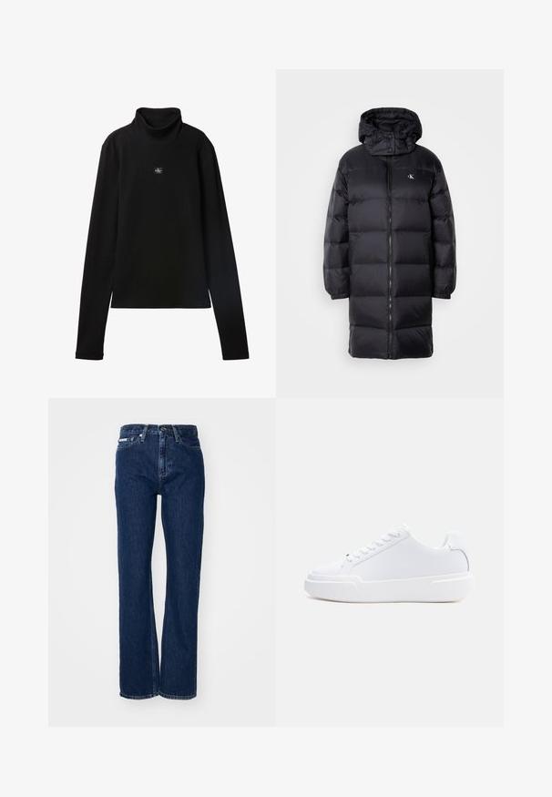 Manteau en noir matelassé avec capuche, doté d'une fermeture éclair, de poignets élastiques et d'un logo sur la poitrine. Texture douce et design long jusqu'aux genoux.; Haut noir à col roulé côtelé à manches longues avec petit patch carré du logo Calvin Klein centré sur la poitrine.; Jeans en denim bleu foncé avec jambes droites, fermeture à bouton et cinq poches. Le tissu a une légère texture avec des détails de couture subtils.; Baskets basses blanches à lacets, semelle épaisse et dessus lisse, vues de côté extérieur sur un fond clair uni.