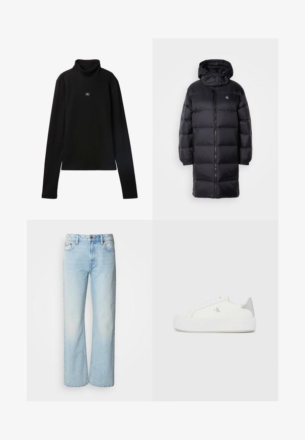 Sort pufferjakke med hætte, der har lynlås lukning, elastiske manchetter og et logo på brystet. Blød tekstur og knælangt design.; Sort ribstrikket bluse med lange ærmer og lille firkantet Calvin Klein-logo placeret centralt på brystet.; Lyseblå brede jeans lavet af denim med et klassisk fem-lomme design og en subtil falmet tekstur. Denim-syninger er synlige.; Hvide lærredssneakers med en tyk hvid sål, prydet med en metallic sølvaccent på hælen og en diskret logo-detalje på siden.