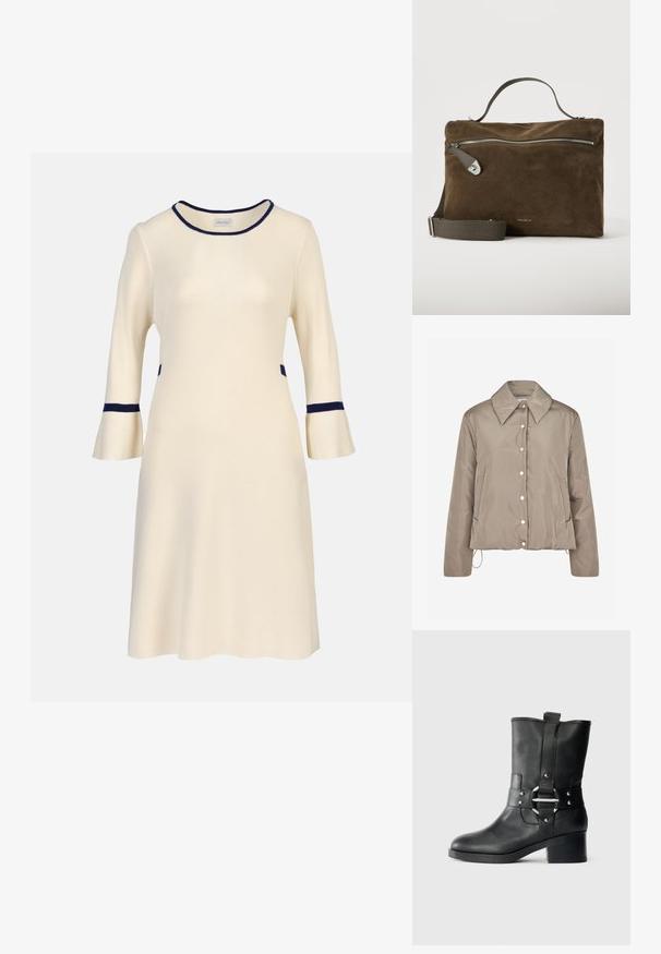 Envii DENVER JACKET - Vinterjakker - beige; Krem midi-kjole med trekvartlange klokkeærmer, navy kant på halsudskæring, manchetter og talje, ribstrikket stof.; Sort læder ankelstøvle med en struktureret overflade, bred overdel, en rem med en metalspænde og en kraftig hæl.; Brun ruskind rektangulær håndtaske med tophåndtag, front lynlås lomme og justerbar stof skulderrem på en hvid baggrund.