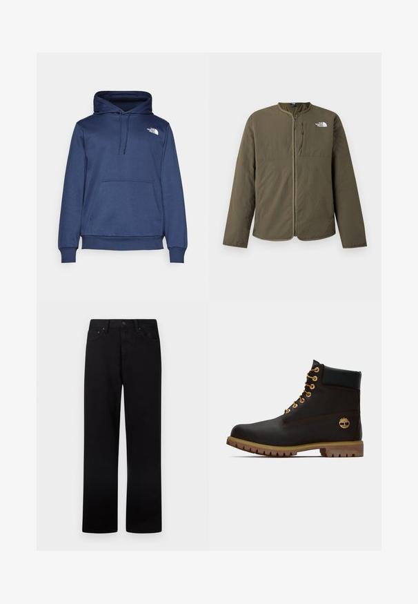 Olivengrøn letvægtsjakke med frontlynlås og The North Face-logo på øverste venstre bryst, uden krave, lange ærmer.; Marineblå hættetrøje lavet af blødt stof, med en forreste kængurulomme, justerbar snørehætte og et lille hvidt logo på brystet.; Sorte jeans med lige ben, knap- og lynlåslukning, bæltestropper samt lommer foran og bagpå, vist på en hvid baggrund.; Sorte læder ankelstøvle med gyldne øjer, brune detaljer og gummisål. Har en polstret krave og præget logo på siden.