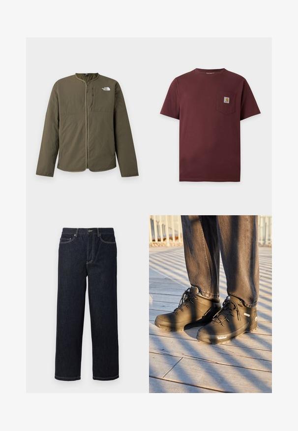 Lichtgewicht olijfgroen jack met ritssluiting aan de voorkant en The North Face-logo op de bovenste linkerborst, zonder kraag, met lange mouwen.; Donkerbruin T-shirt met korte mouwen en een borstzakje met een klein Carhartt-logo.; Donkerblauwe rechte denim jeans met vijf zakken en witte contraststiksels, knoopsluiting en riemlussen.; Zwarte Timberland wandelschoenen hebben een hoge gloss ontwerpen, een gestructureerd oppervlak en ronde veters, tegen een achtergrond van een houten vloer.
