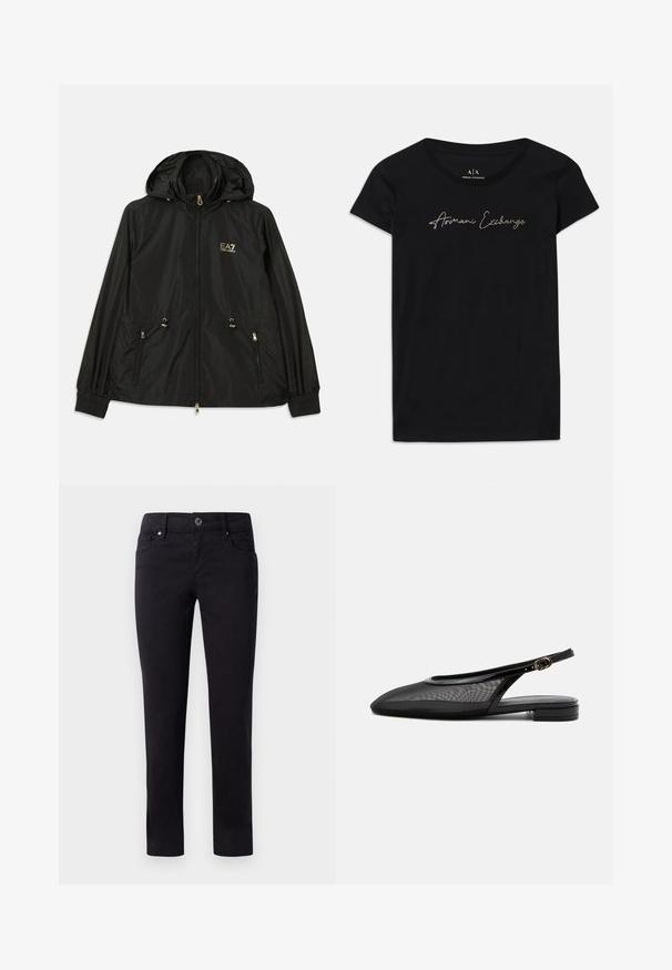 Schwarze Kapuzenjacke aus leichtem, glänzendem Material. Besitzt goldene Beschläge, zwei Fronttaschen und elastische Bündchen für einen engen Sitz.; Schwarzes kurzärmliges T-Shirt aus Baumwolle mit einem Schriftzug-Logo "Armani Exchange" in goldenen Verzierungen über der Brust.; Schwarze Baumwollhosen mit geradem Bein, ausgestattet mit Fronttaschen und einem Knopfverschluss an der Taille. Glatte Textur und ohne Muster.; Schwarzer Slingback-Flachschuh mit spitzer Kappe, Mesh-Obermaterial, verstellbarem Schnallenriemen und niedrigem Blockabsatz auf weißem Hintergrund.