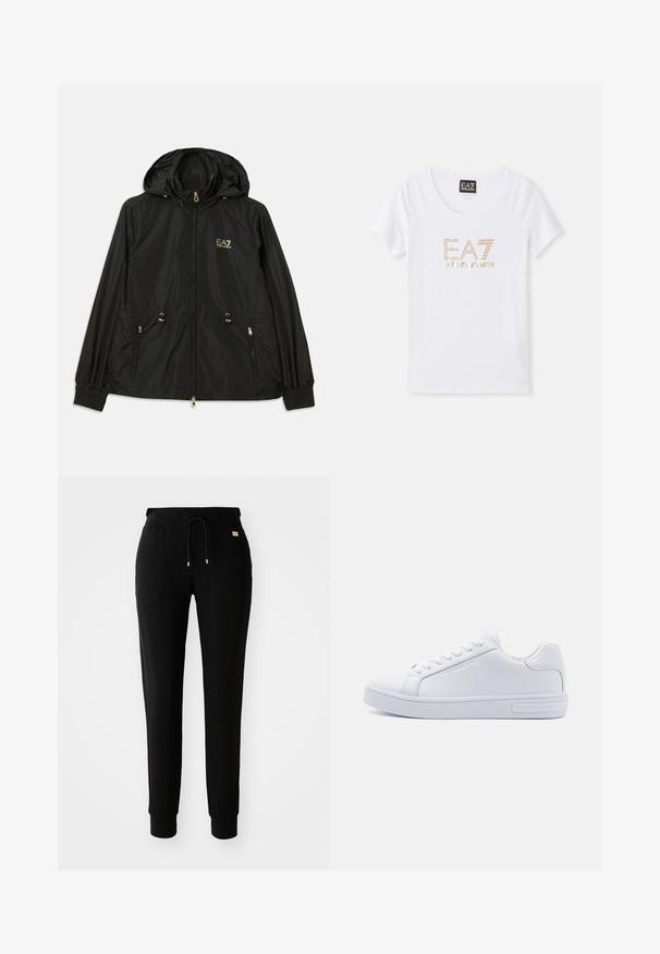 Sort hættejakke lavet af letvægts, skinnende materiale. Har guldhardware, to forlommer og elastiske manchetter for en tætsiddende pasform.; Hvid bomulds T-shirt med rund halsudskæring, prydet med et logo i gyldent rhinestones "EA7 EMPORIO ARMANI" centreret på forsiden.; Sorte tapered sweatpants med snøre i taljen og manchetter ved anklerne, præsenteret på en simpel hvid baggrund.; Hvide læder low-top sneakers med rund tå, flad gummisål og logo detaljer på siden. Har seks par snørrehuller og teksturerede accenter.