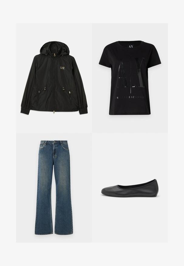 Zwarte hoodiejas van lichtgewicht glanzend materiaal. Voorzien van gouden hardware, twee voorzakken en elastische manchetten voor een goede pasvorm.; Zwarte katoenen t-shirt met korte mouwen, voorzien van een glanzend, groot "AX" logo en de tekst "ARMANI EXCHANGE" in het midden.; Wijdvallende denim jeans in medium blauw met een vervaagde afwerking. Voorzien van vijf zakken, riemlussen en een metalen knoopsluiting. Katoenen stof.; Zwarte leren ballerina met een ronde neus, gladde textuur, minimale stikdetails en een flexibele zoolontwerp.