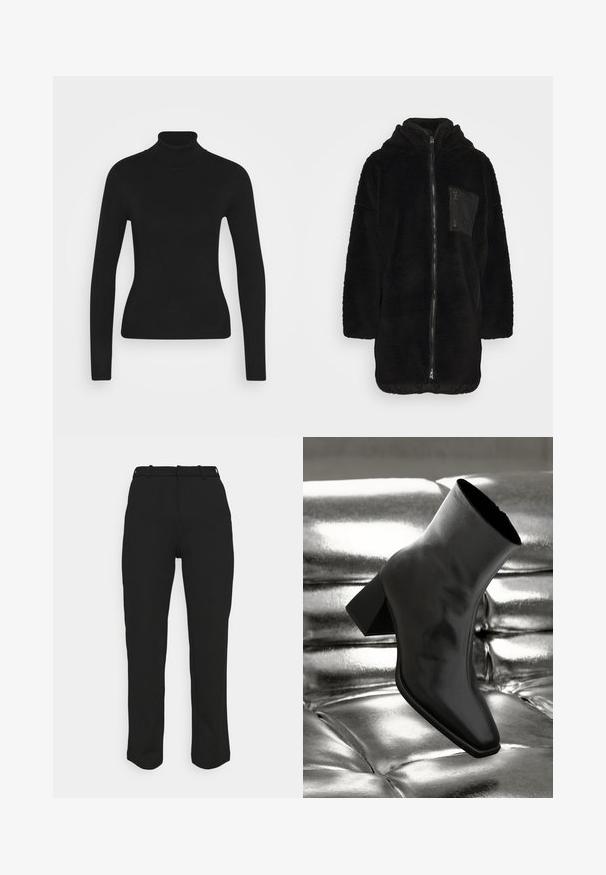 ONLY Petite ONLSASCHA - Vinterfrakke - black; Sort turtleneck sweater med lange ærmer, lavet af et glat strikket stof. Har et tætsiddende design og en ribbet krave.; Sorte skræddersyede bukser med en lige pasform, fremstillet af et glat stof. Har bæltestropper og en ren talje uden synlige lommer.; Sorte ankelstøvler lavet af glossy materiale med firkantet tå og spidse hæle, sat mod en skinnende sølv tuftet baggrund.