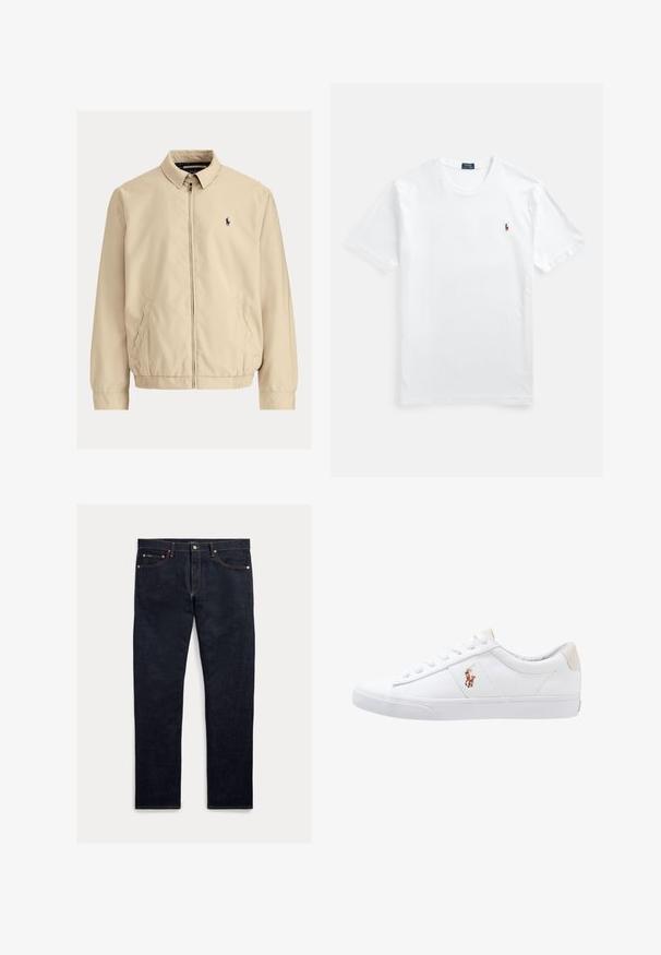 Beige letvægtsjakke med kraven halsudskæring, lynlås foran, elastiske ærmekanter og to sidelommer. Har en lille mørk logo på brystet.; Hvid bomulds T-shirt med rund hals og korte ærmer, med et lille farverigt broderet logo på venstre bryst. Glat tekstur, klassisk pasform.; Mørke denimjeans med lige ben, fem lommer, orange syninger og lukning med knapper. Stoffet har en glat tekstur.; Hvide kanvas sneakers med lågtop design, prydet med en beige hælkappe og et lille broderet logo på siden. Gummisål.