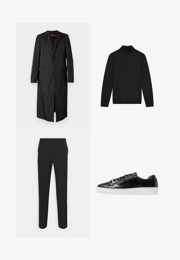 Čierny dlhý kabát z ľahkej látky, s jednoradovým zapínaním, dvoma gombíkmi a bočnými vreckami. Minimalistický štýl s elegantným siluetou.; Čierny rolák vyrobený z mäkkého materiálu, s dlhými rukávmi a priliehavým golierom. Minimalistický dizajn bez viditeľných vzorov.; Čierne úzke nohavice so rovno strihaným strihom, s jedným gombíkom na zapínanie a pútkami na opasok. Hladká, matná tkanina bez vzorov.; Čierne kožené tenisky s hladkým povrchom, biele gumové podrážky, šnurovanie a minimalistické dizajnové akcenty.