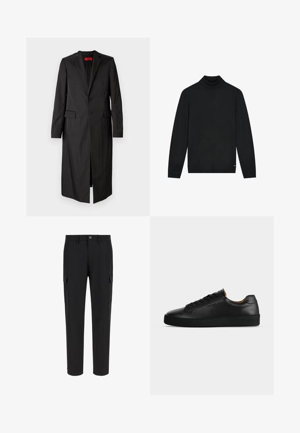 Čierny dlhý kabát z ľahkej látky, s jednoradovým zapínaním, dvoma gombíkmi a bočnými vreckami. Minimalistický štýl s elegantným siluetou.; Čierny rolák vyrobený z mäkkého materiálu, s dlhými rukávmi a priliehavým golierom. Minimalistický dizajn bez viditeľných vzorov.; Čierne cargo nohavice vyrobené z hladkej látky. Obsahujú dve bočné vrecká a dva cargo vrecká. Úzky strih s rovnými nohavicami, zapínanie na gombík.; Čierny nízky kožený teniska s čiernymi šnúrkami, štruktúrovanou gumovou podrážkou a malým vyrazeným logom na boku, zobrazený v profile na sivom pozadí.