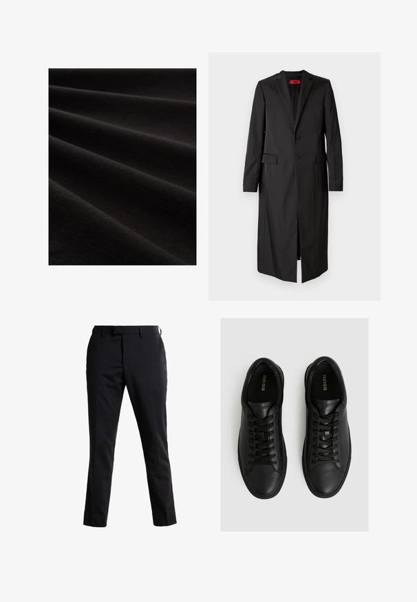 Čierny dlhý kabát z ľahkej látky, s jednoradovým zapínaním, dvoma gombíkmi a bočnými vreckami. Minimalistický štýl s elegantným siluetou.; Čierna látka s hladkým povrchom, zobrazená v záhyboch, s jemným leskom a jemným vzorom pletenia, zdôrazňujúca jej mäkký vzhľad.; Čierne tailored nohavice s rovný fit, vyrobené z hladkej látky. Majú plochý predný diel, pútka na opasok a čistý strih pre elegantný vzhľad.; Čierne kožené tenisky s hladkým povrchom, zaoblenou špičkou, šesťdierkovým šnurovaním a nízkym pryžovým spodkom.