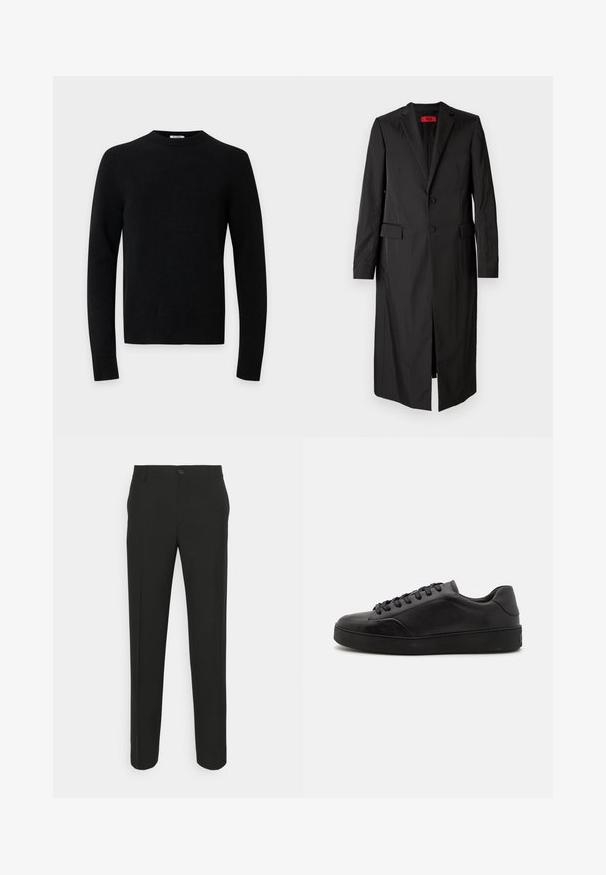 Čierny dlhý kabát z ľahkej látky, s jednoradovým zapínaním, dvoma gombíkmi a bočnými vreckami. Minimalistický štýl s elegantným siluetou.; Čierny sveter s dlhým rukávom a okrúhlym výstrihom so žebrovaným lemom a manžetami na jednofarebnom svetlosivom pozadí.; Čierne úzke nohavice so rovno strihaným strihom, s jedným gombíkom na zapínanie a pútkami na opasok. Hladká, matná tkanina bez vzorov.; Čierne kožené tenisky s okrúhlou špičkou, plochou podrážkou a tradičným šnurovaním. Majú hladkú textúru a decentné detaily na bočných paneloch.
