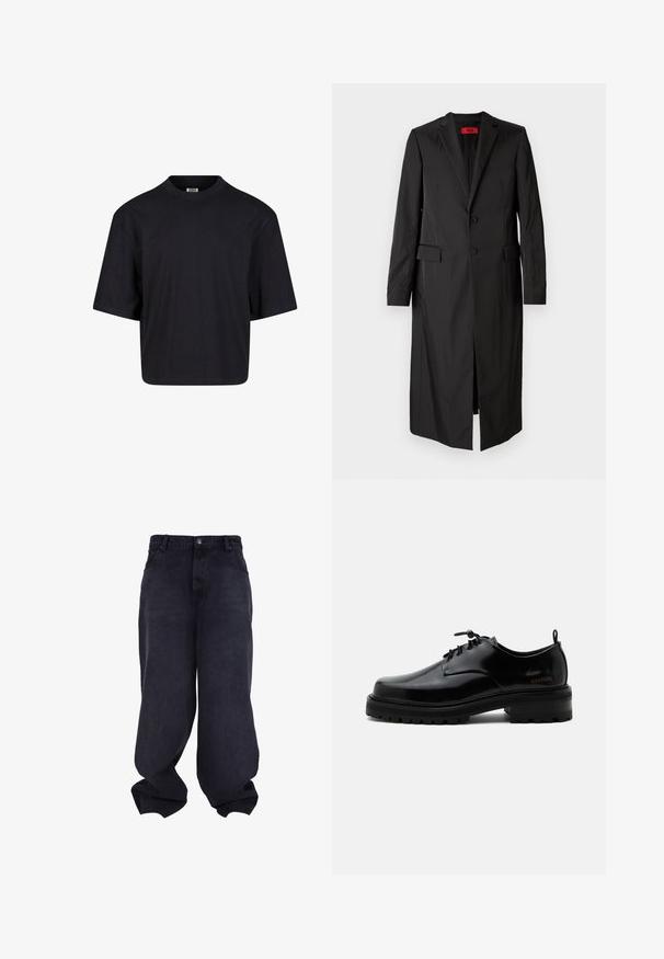 Sort lang frakke i letvægtsstof med enkelt knaplukning, to knapper og sidelommer. Minimalistisk stil med en slank silhuet.; Sort bomulds t-shirt med rund halsudskæring, korte ærmer og en oversized pasform. Glat tekstur og minimalistisk design. Ingen synlige logoer.; Sorte oversized løstsiddende jeans med knap- og lynlåsfrontlukning, forlommer og løse, brede ben.; Sort poleret læder snørestøvle med tyk gummisål og lav hæl, sideskilt med mærketekst "SAMSOE" og bageste træksnor.