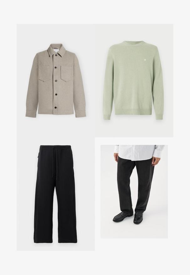 Lyse beige uldjakke med knapper, to brystlommer, spids krave og lange ærmer.; Lys grøn crewneck sweater med lange ærmer og et lille hvidt broderet logo på venstre bryst.; Sorte joggingbukser lavet af blødt stof, med snoretræk i livet, bred ben-design og sidelommer med en glat overflade.; Sorte denimbukser parret med skinnende sorte loafers. Skjorten er hvid med tynde lodrette striber, har lange ærmer og en knapkrave.