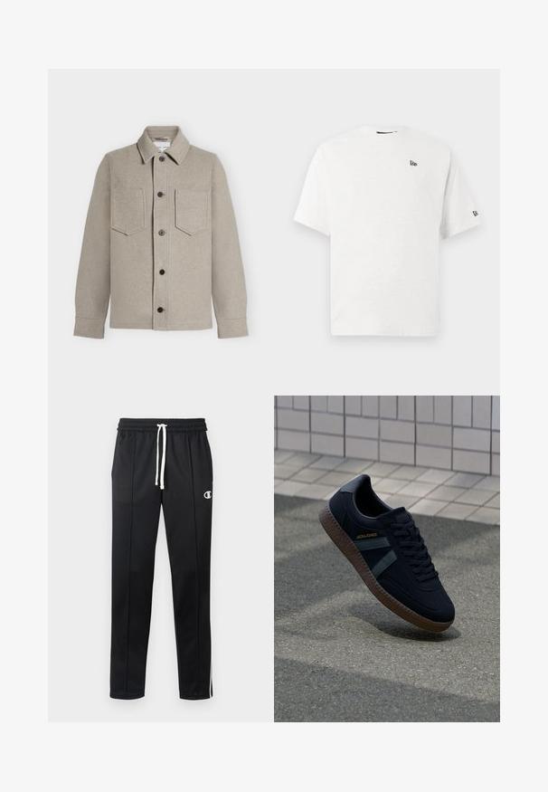 Lyse beige uldjakke med knapper, to brystlommer, spids krave og lange ærmer.; Hvid bomulds t-shirt med korte ærmer, rund hals og et lille sort logo på venstre bryst og højre ærme.; Sorte atletiske bukser med hvid snor, sidelister, frontlommer og et lille hvidt Champion-logo på venstre lår.; Sort sneaker med struktureret overflade, mørkegrønne striber og brun gummisål. Har snøringer og branding på siden.