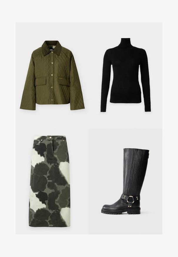 Olivgrüne Steppjacke mit dunklem Cord-Kragen, vorderen Druckknöpfen, Pattentaschen und Barbour-Logo auf der rechten Tasche gestickt.; Schwarzer, gerippter Langarm-Rollkragenpullover mit figurbetonter Silhouette auf schlichtem weißem Hintergrund.; Cargohosenrock mit Camouflage-Muster in Dunkelgrün und Schwarz, mit hoher Taille, vier Taschen und metallic Akzenten. Mittellang und gerade geschnitten.; Schwarze kniehohe Lederstiefel mit elastischen Rippeneinsätzen, Profilsohle und dekorativem Riemen mit goldfarbener Metallring und Nieten.