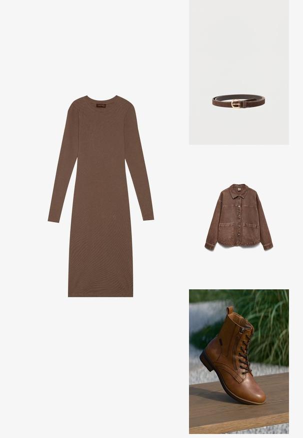 Brun denimjakke med knapper, to store forlommer og krave, lagt fladt på en hvid baggrund.; Anna Field by Zalando Jerseykjole - brown; Brun læderankelstøvle med lynlås på siden og snørebånd, placeret på en træoverflade udendørs med sløret grønt område i baggrunden.; Brunt ruskindsbælte med en glat overflade, med en guldfarvet rund spænde og et enkelt design.