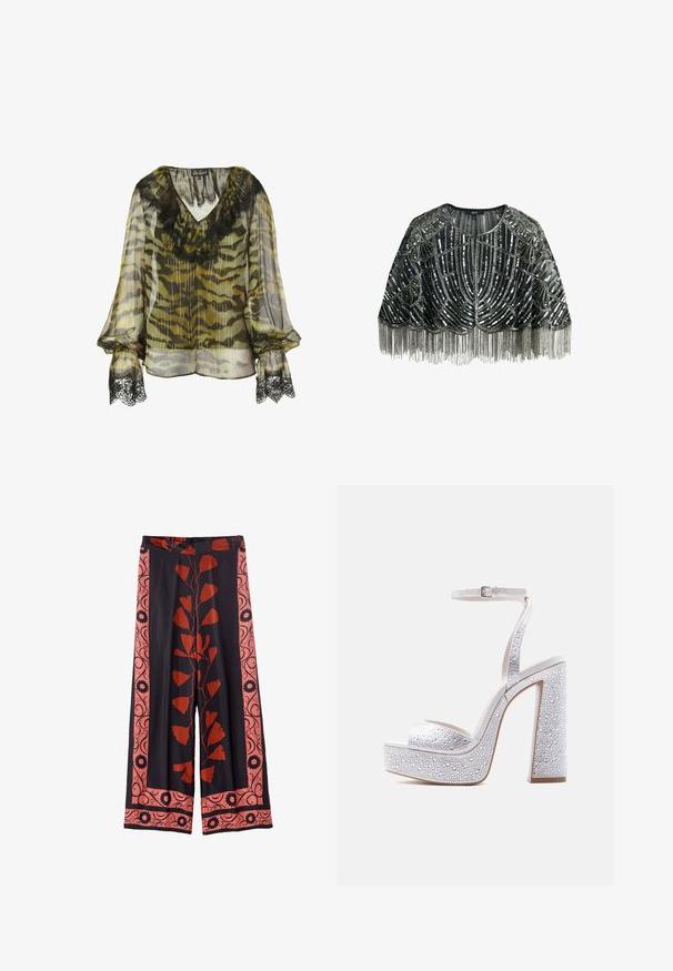 Capa negra transparente con lentejuelas plateadas, adornos de cuentas en patrones ornamentados y flecos metálicos largos a lo largo del borde inferior.; Blusa de gasa con un patrón de camuflaje en oliva y gris, con un borde de encaje negro en el escote y los puños de las mangas, de corte suelto.; Pantalones negros de pierna ancha con estampado floral rojo en el centro y bordes decorativos rosas con patrones florales y en espiral negros.; Sandalia de plataforma blanca con tacón alto, correa en el tobillo, tacón grueso y adornos de brillantes en las correas y el tacón.