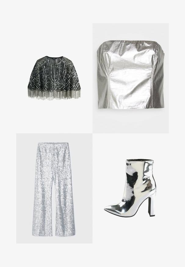 Schwarzer transparenter Umhang mit silbernen Pailletten, Perlenverzierungen in kunstvollen Mustern und langen metallischen Fransen entlang des unteren Saums.; Gina Tricot TUBE - Top - silver-coloured; Silberne Pailletten-weit ausgestellte Hose mit elastischem Bund. Sie hat eine glänzende Textur und eine weit geschnittene Silhouette.; Silberne Lackleder-Ankle Boots mit einer spitzen Spitze, dickem hohen Absatz und einem seitlichen Reißverschluss, der eine glatte, glänzende Textur aufweist.