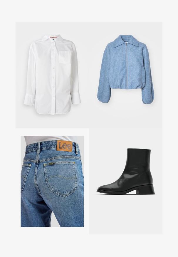 Veste courte bleue en tissu texturé, dotée d'une fermeture éclair à l'avant, de manches larges et d'un col classique.; Chemise blanche à manches longues avec col et poche poitrine, présentée sur un fond uni.; Jean bleu en denim avec poches arrière présentant des surpiqûres jaunes et une écusson en cuir marron de la marque Lee sur la ceinture.; Bottine noire en cuir brillant, au design épuré, avec un bout pointu et un petit talon bloc pour plus de stabilité.