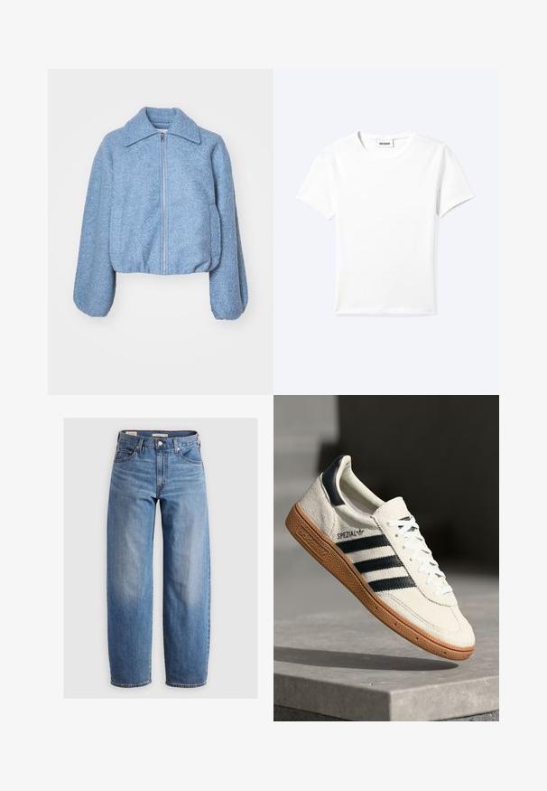 Blaue kurze Jacke aus strukturiertem Stoff, mit einem Frontreißverschluss, weiten Ärmeln und einem klassischen Kragen.; Einfaches weißes T-Shirt mit kurzen Ärmeln und Rundhalsausschnitt sowie kleinem "WEEKDAY"-Etikett im Nacken, flach auf einem hellen Hintergrund präsentiert.; Helleblaue, gerade geschnittene Jeans aus Denim. Merkmale ein klassisches Fünf-Taschen-Design und dezente Ausbleichungen entlang der Beine.; Weiße Wildleder-Sneaker mit marineblauen Streifen, Gummisohle, strukturiertem Obermaterial, runder Zehenform und Schnürung; mit Branding an der Seite und auf der Zunge.