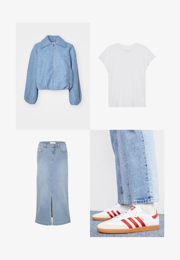 Blå cropped jakke lavet af tekstureret stof, med en frontlynlås, brede ærmer og en klassisk krave.; Hvid kortærmet t-shirt med rund hals, afslappet pasform, lavet af blødt bomuldsstof. Glat tekstur, ingen mønstre eller logoer.; Lys blå denim midi-nederdel med en frontslids, lige snit, klassisk fem-lomme design og en falmet finish. Har hvidt mærke.; Hvide lædersneakers med røde striber og accenter. Har en tekstureret gummisål og polstret krave. Bæres med lyseblå denim.