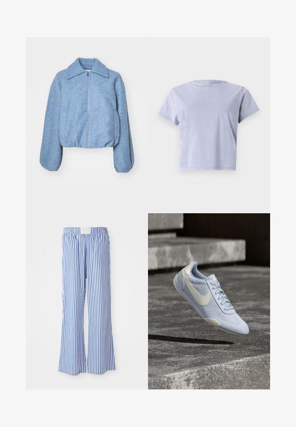 Blaue kurze Jacke aus strukturiertem Stoff, mit einem Frontreißverschluss, weiten Ärmeln und einem klassischen Kragen.; Kurzärmliges T-Shirt mit Rundhalsausschnitt in hellem Lavendel. Aus weichem Baumwollmaterial, mit lockerer Passform und schlichtem Design ohne Muster oder Verzierungen.; Blaue und weiße gestreifte Hose mit lockerer Passform, aus leichtem Stoff, mit elastischem Bund und einem dezenten Logo-Tag.; Hellblauer Nike-Sneaker mit weißem Swoosh und Sohle, schwebend über rauen grauen Betontreppen im Freien.