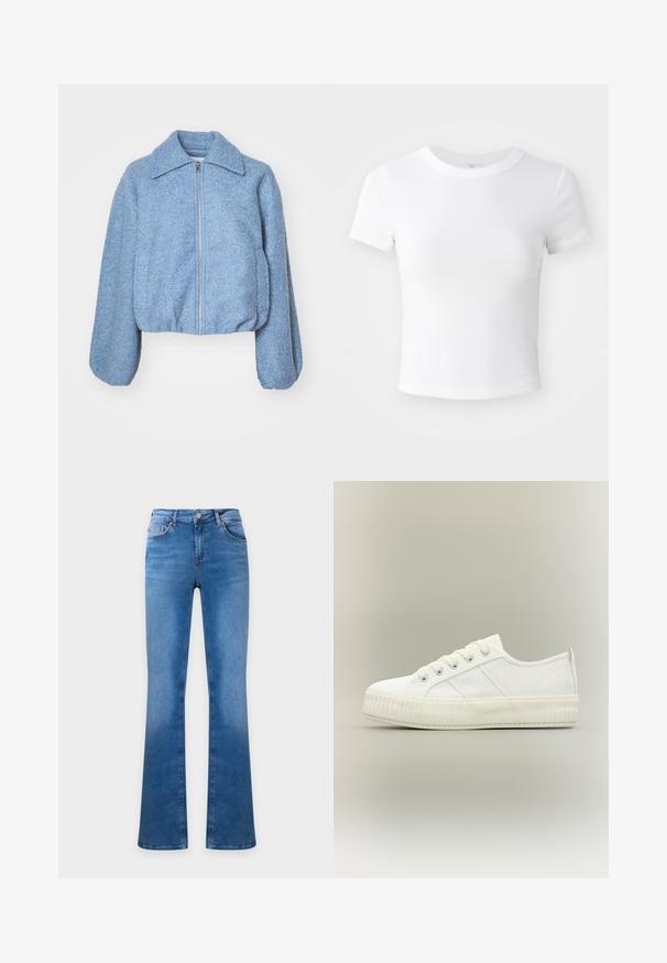 Blaue kurze Jacke aus strukturiertem Stoff, mit einem Frontreißverschluss, weiten Ärmeln und einem klassischen Kragen.; Weißes, kurzärmeliges, cropped T-Shirt mit Rundhalsausschnitt, auf einem neutralen, hellen Hintergrund präsentiert.; Blaue Denim-Jeans mit hoher Taille und ausgestellten Beinen, mit Vorder- und Gesäßtaschen sowie Knopfverschluss.; Weißer Sneaker mit niedrigem Schaft, dicker gerippter Sohle, Schnürung vorne und Zuglasche an der Ferse vor neutralem Hintergrund.