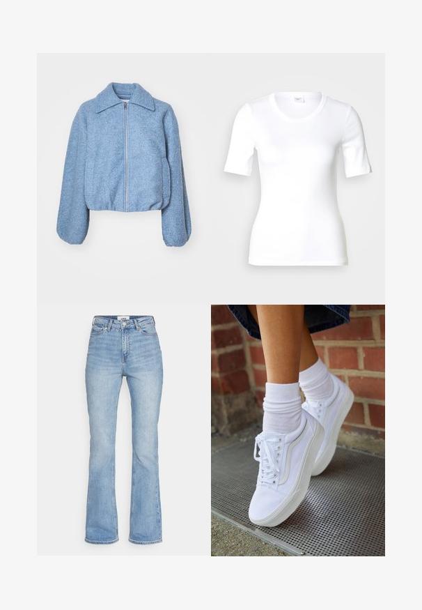 Blaue kurze Jacke aus strukturiertem Stoff, mit einem Frontreißverschluss, weiten Ärmeln und einem klassischen Kragen.; Weißes T-Shirt mit kurzen Ärmeln aus glattem Baumwollstoff, mit rundem Ausschnitt und figurbetonter Form. Klassisches Design, ohne Muster oder Akzente.; Hellblaue Denim-Jeans mit hohem Bund und Schlag, ausgestattet mit einem klassischen Fünf-Taschen-Design und sichtbaren Nähten an den Nähten.; Weiße Leinensneaker mit Gummisohlen, ausgestattet mit sechs Ösen, runder Zehenpartie und dezenten Nähten, kombiniert mit weißen Knöchelsocken.