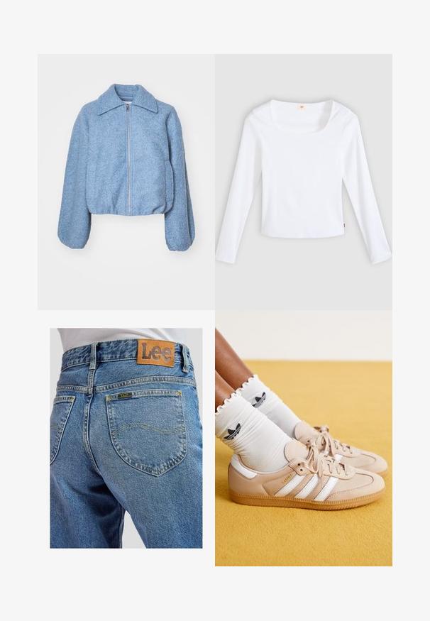 Chaqueta corta azul hecha de un tejido texturizado, con cremallera frontal, mangas anchas y un collar clásico.; Camiseta blanca de manga larga hecha de tela acanalada, con escote cuadrado y diseño ajustado, con una pequeña etiqueta de logo en el costado.; Jeans de mezclilla azul con bolsillos traseros que presentan costuras amarillas y un parche de cuero marrón de la marca Lee en la cinturilla.; Zapatillas de cuero beige con rayas blancas y un logotipo dorado, acompañadas de calcetines blancos de volantes con un logo negro. Suela de goma texturizada.