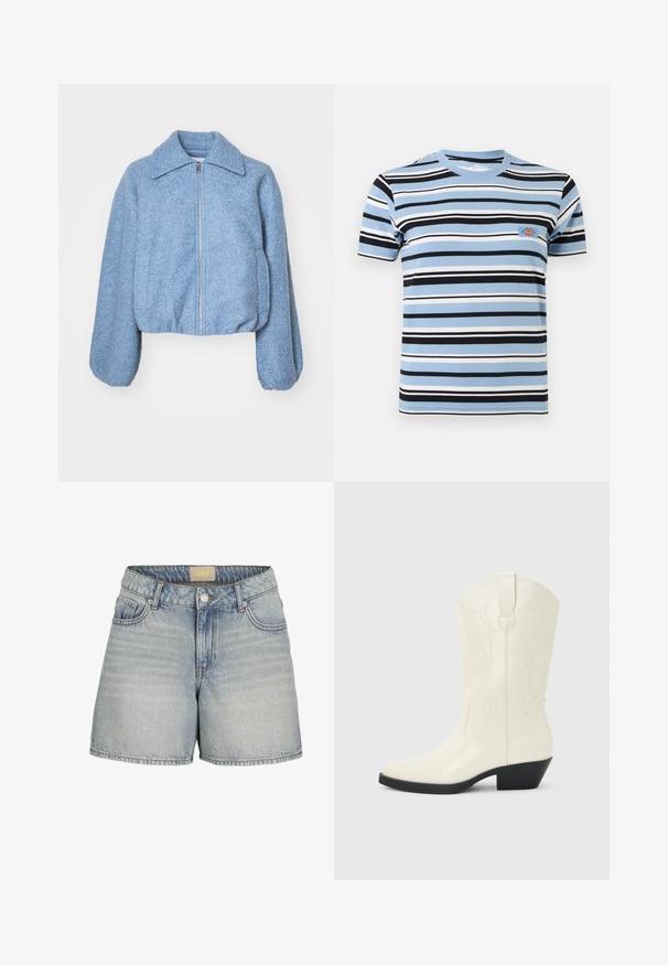 Chaqueta corta azul hecha de un tejido texturizado, con cremallera frontal, mangas anchas y un collar clásico.; Camiseta de manga corta con cuello redondo y rayas horizontales en azul, negro y blanco, con un pequeño parche de logo en el pecho.; Shorts de mezclilla azul claro con una cintura alta, que cuentan con un cierre de botón, cinco bolsillos y un ligero desgaste para un aspecto texturizado.; Bota blanca de estilo occidental hasta la mitad de la pantorrilla, con punta puntiaguda, tacón apilado negro, costuras decorativas y tira para tirar en el eje.