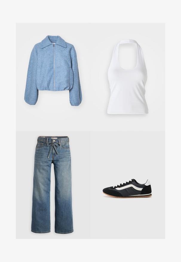 Modrá skrátená bunda vyrobená z textúrnej tkaniny, s predným zipsom, širokými rukávmi a klasickým golierom.; Biely halter top s výstrihom do véčka, vyrobený z hladkej, elastickej látky. Disponuje minimalistickým dizajnom bez ozdôb alebo vzorov.; Svetlomodré široké rifle vyrobené z denimu, s opaskom na šnúrku, dvoma prednými vreckami a jemným zosvetlením pre textúru.; Čierna športová obuv s vrchnou časťou z semišu a textilu, bielymi akcentmi, šiestimi okami a gumovou podrážkou. Elegantný tvar s nízkym profilom.