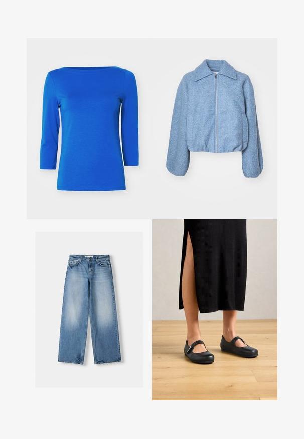 Blauwe gecropte jas gemaakt van textuurstof, met een rits aan de voorkant, brede mouwen en een klassieke kraag.; Vero Moda Longsleeve - surf the web; Lichtblauwe jeans met een relaxte pasvorm, wijde pijpen en vervaagde delen. Gemaakt van denim met een klassiek vijf-vakken ontwerp en een sluitknop aan de bovenkant.; Vrouw in een zwarte ribbel midi-rok met een zijsplit, draagt zwarte Mary Jane ballerina's op een houten vloer.